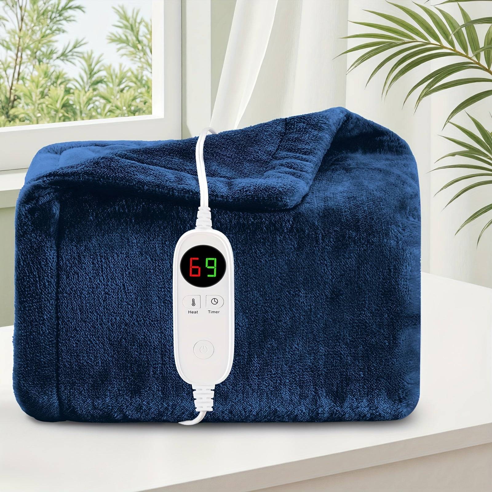 Cozy Warm Double-sided Flannel Heated Blanket With 9 Heating Levels & 2/4/6/10 Hours Auto Off - Navy Blue / Throw(50"*60") one controller