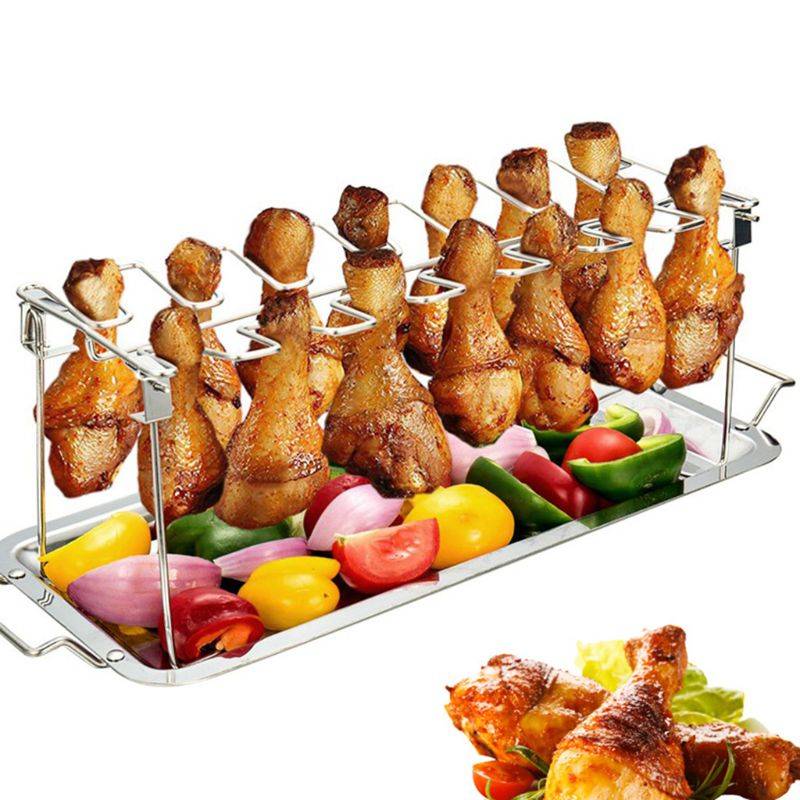 Hopfällbar rostfritt stål grill grillbricka kycklingvinge ben rack grill med grillpanna grill tillbehör