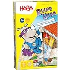 HABA 302203 – Rhino Hero, 3D-stapelspel för 2 till 5 superhjältar från 5 år och med enkla regler för snabbt skoj, actionspel för hela familjen