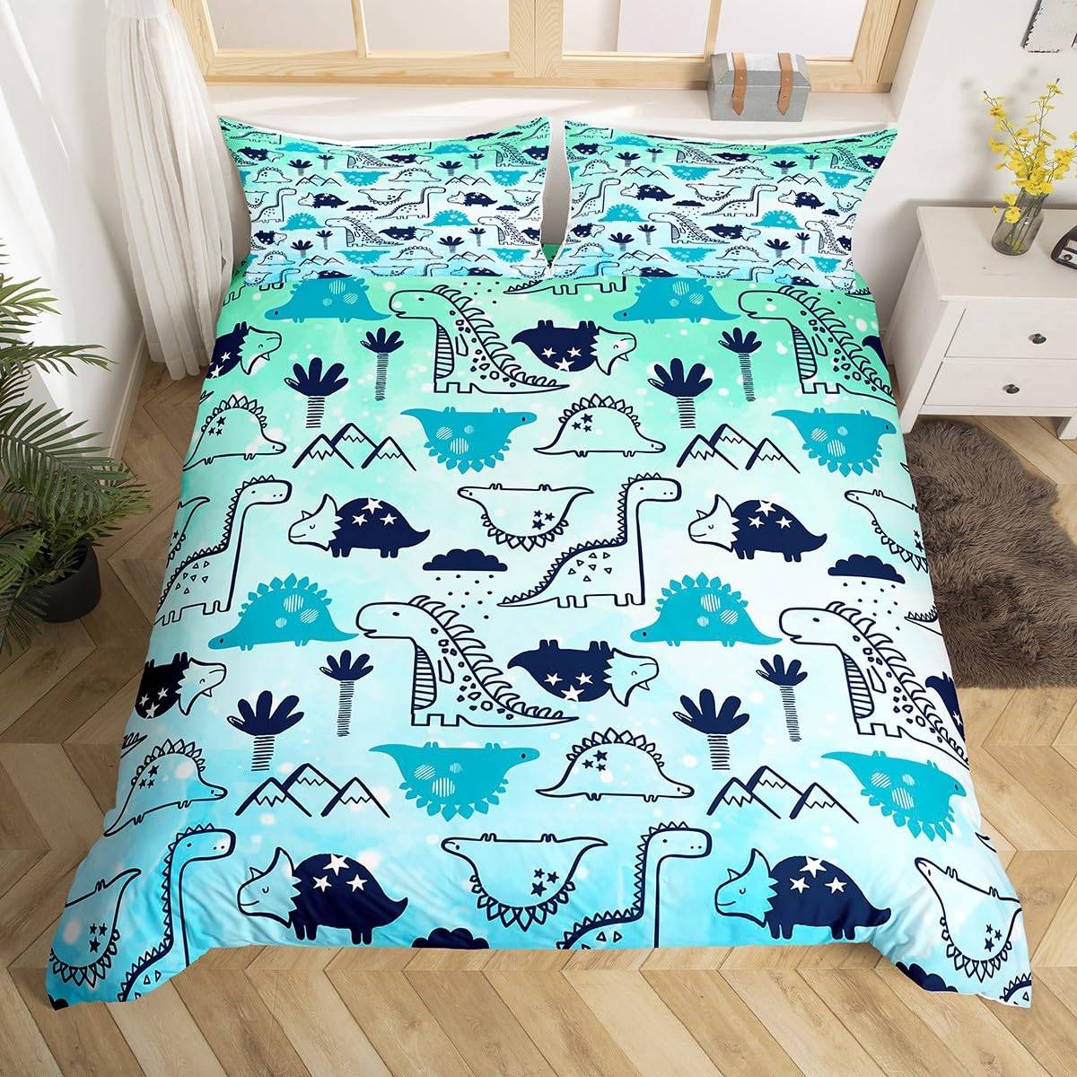 Dinosaurie Påslakan Pojkar Flickor Söt Tecknad Vild Dino Sängkläder Set för Barn Djungeldjur Täckeöverdrag Kawaii Quiltöverdrag EU Single(135x200cm)
