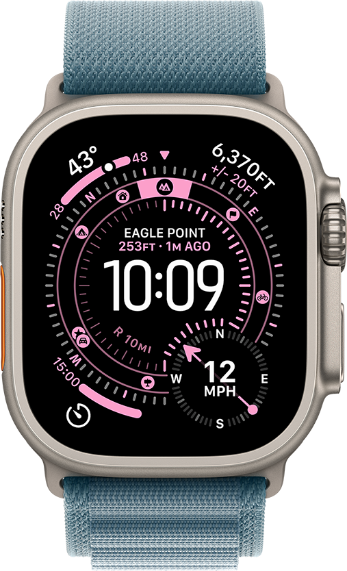 Apple Watch Ultra 3 med Titanboett Naturlig • Bergsloop Ljusblå - Medium
