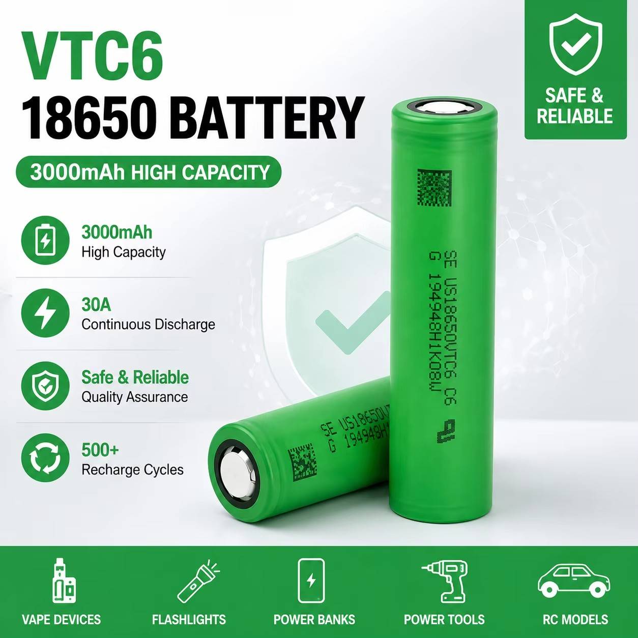 Original 18650 VTC6 3.7V 3000mAh Lithium-ion Rechargeable Battery, A-grade Safe and Durable, Suitable for LED Lights and Camping Lights