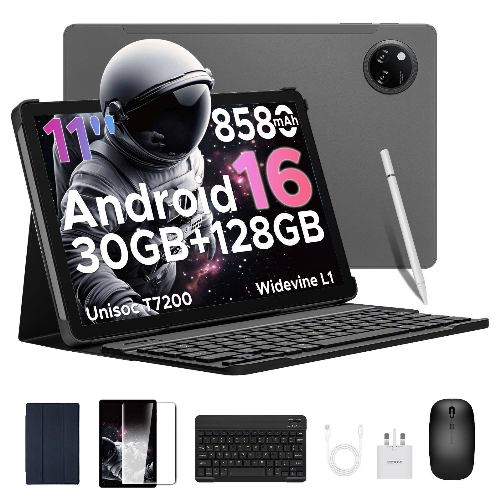 DOOGEE Tab A9 Pro+ Android 16 Tablet, 11 Inch, 30GB RAM+128GB ROM/2TB, 8580mAh, Tablet with Keyboard/Pen/Mouse/Case grå färg