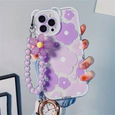 TEMU Luxury Cute Transparent Purple Bear Ear Egg Phone Case For Iphone 11 14 Pro Max 12 Pro 13 11 Pro 8 Plus Clear Cover With Flower Chain Lanyard