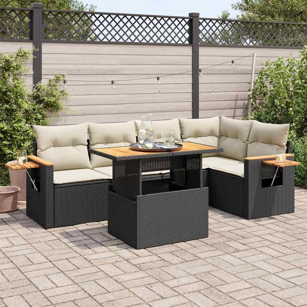 Sofasæt Til Haven 6 Dele Med Hynder Polyrattan - Sort og cremefarvet / med opbevaring