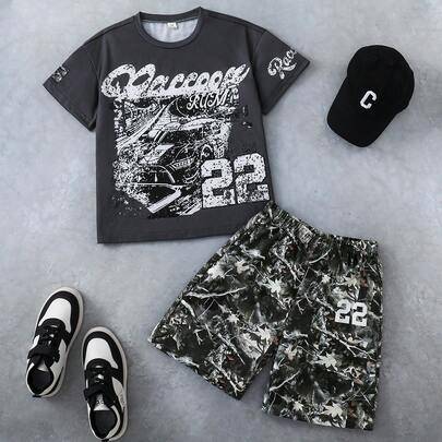 Pojkar (Large) 2-delat set, sommarens nya amerikanska vintage streetstyle kamouflagemönstrade shorts 2-delat set - Grå (8Y,9Y,10Y,11Y,12Y)