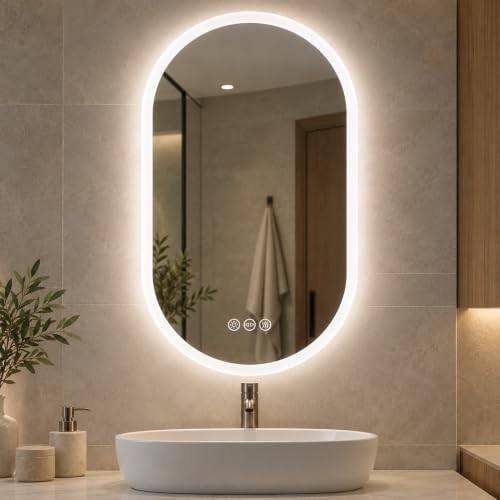 LUVODI Oval badrumsspegel med belysning: 50 x 80 cm LED oval badrumsspegel med bakgrundsbelysning, 3 touch-brytare, dimfria, 3 ljusfärger dimbar, minnesfunktion badrum sminkspegel