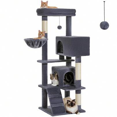 Klösträd för stora katter med extra stor toppplattform, [143 cm] Torn för innekatter med hängmatta och sovsäck, katthyllor med klösträd och 2 hus - Mörkgrå