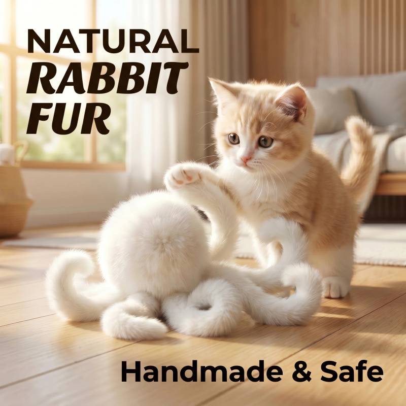 Natural Rabbit Fur Octopus Cat Toy Interactive Hunting Teaser Toy for Cats and Kittens
