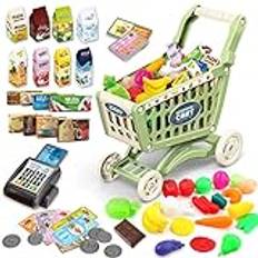 Barn Lätt att montera kundvagn med matvaror, kassaautomat, plastpengar, kreditkort och shoppingkort