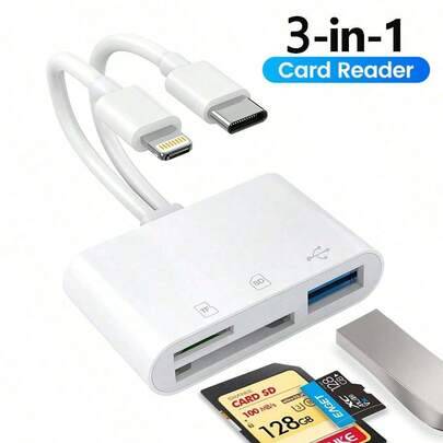 3-i-1 SD-kortläsare med Lightning- och USB-C-gränssnitt, kompatibel med SD/TF/USB-kort, lämplig för iPhone 17/16/15/14/13/12/11, S26/S25/S24/S23/S22/S - Vitt (Två av tre)