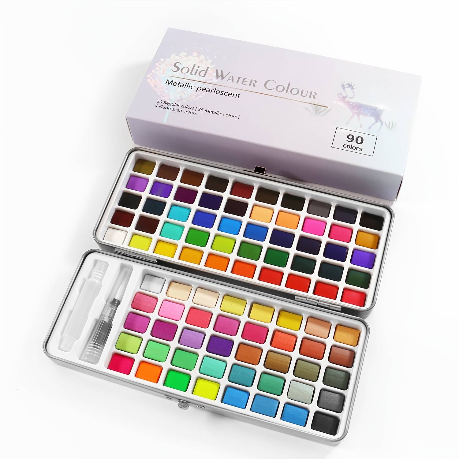 90 Colors Professional Solid Watercolor Paint In A Portable Metal Box With Brush - For Artists, Beginners And Painting Lovers, Includes Metallic And Fluorescent Colors For Halloween, Christmas Gift