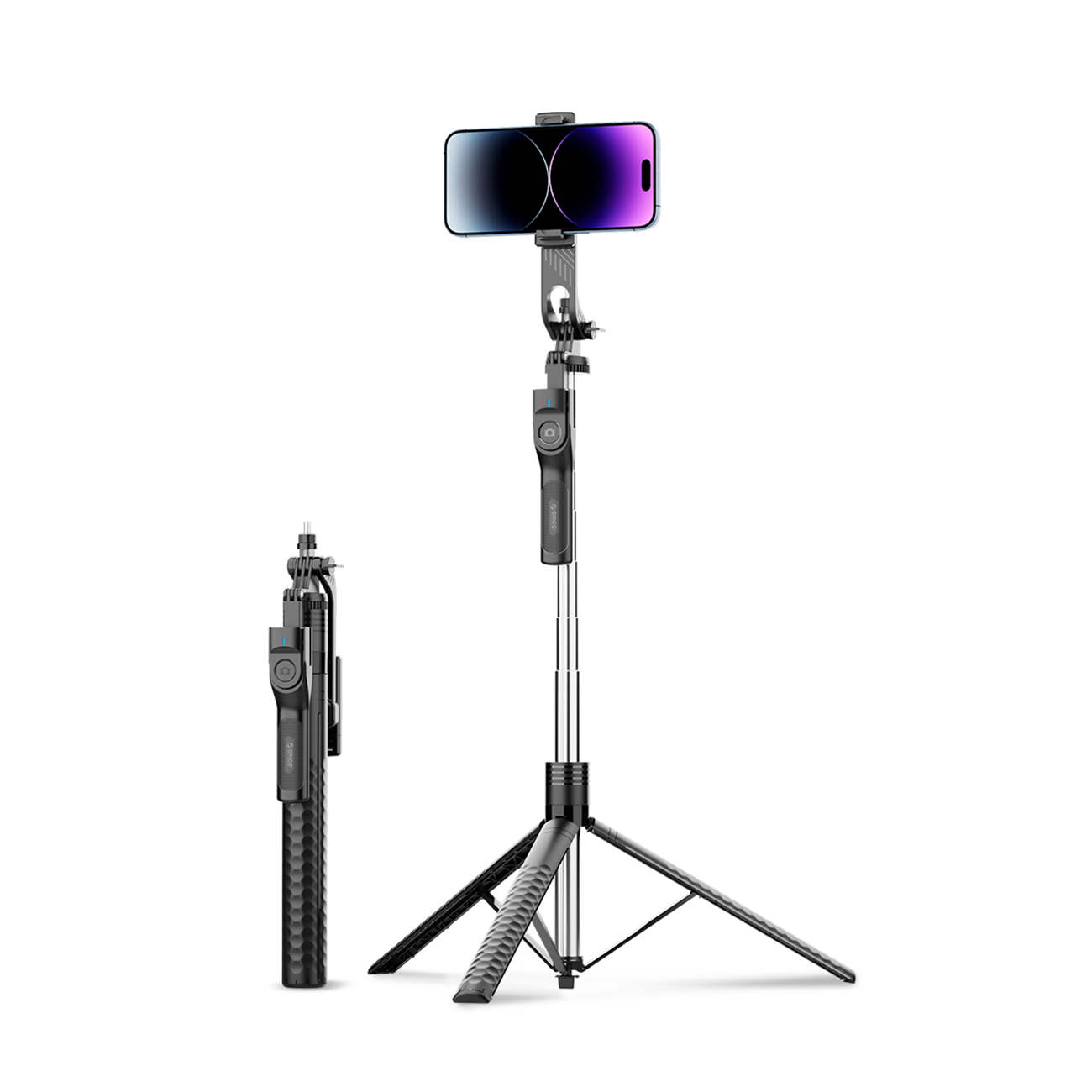 Orico SPM190 selfie-stang med stativ, 1/4", til mobilkamera, 360° rotation, Bluetooth 5.2 – sort.
