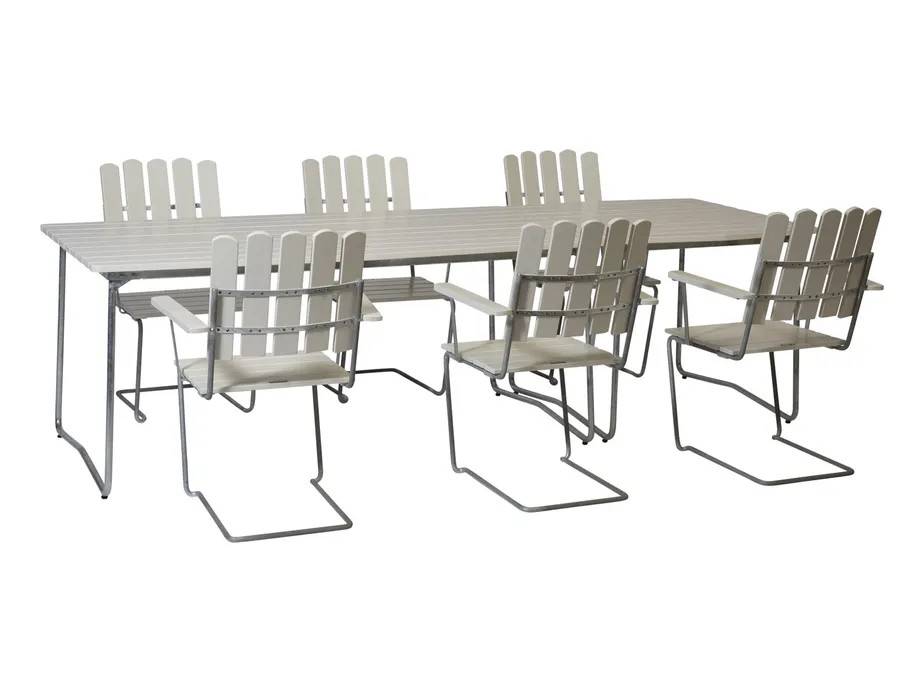 Grythyttan Stålmöbler B31 matgrupp Vitlackad ek/galvat 6 fåtöljer, bord 84 x 92 cm & bord 170 x 92 cm