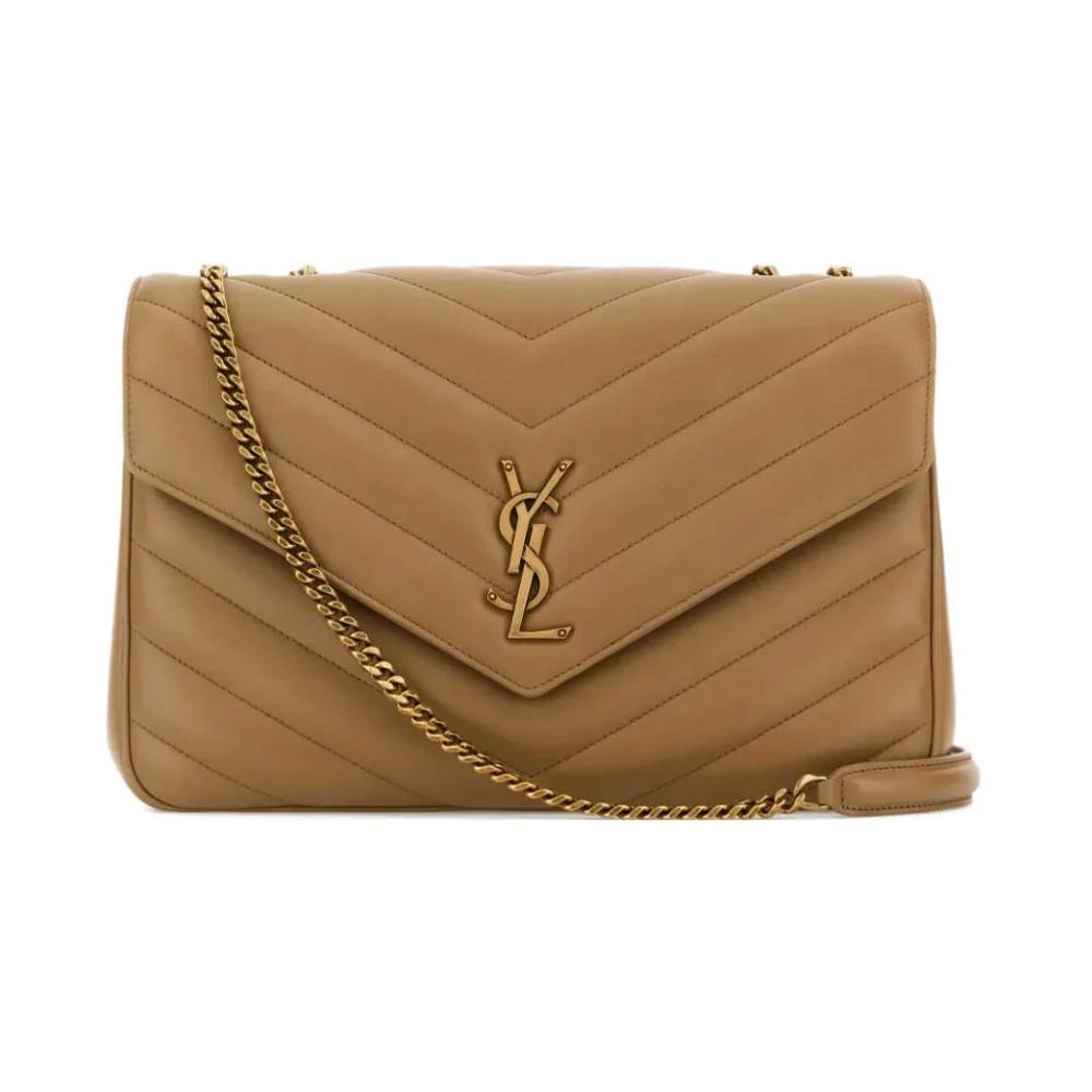 Saint Laurent Loulou Foldover Top Stor Skuldertaske - Tasker - Dame - Beige - ONE SIZE - Uld
