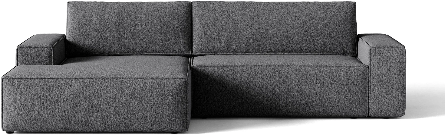 Sovesofa chaiselong Micadoni Jodie venstrevendt, mørkegrå bouclé, udtræk 130x200 cm, opbevaring