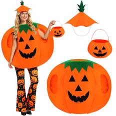 NXPZ Pumpakostym Halloween, Pumpakostym Vuxen, 3 Delars Set med Pumpadräkt, Hatt och Handväska, Passar för Halloweenfester, Rollspel och Karneval