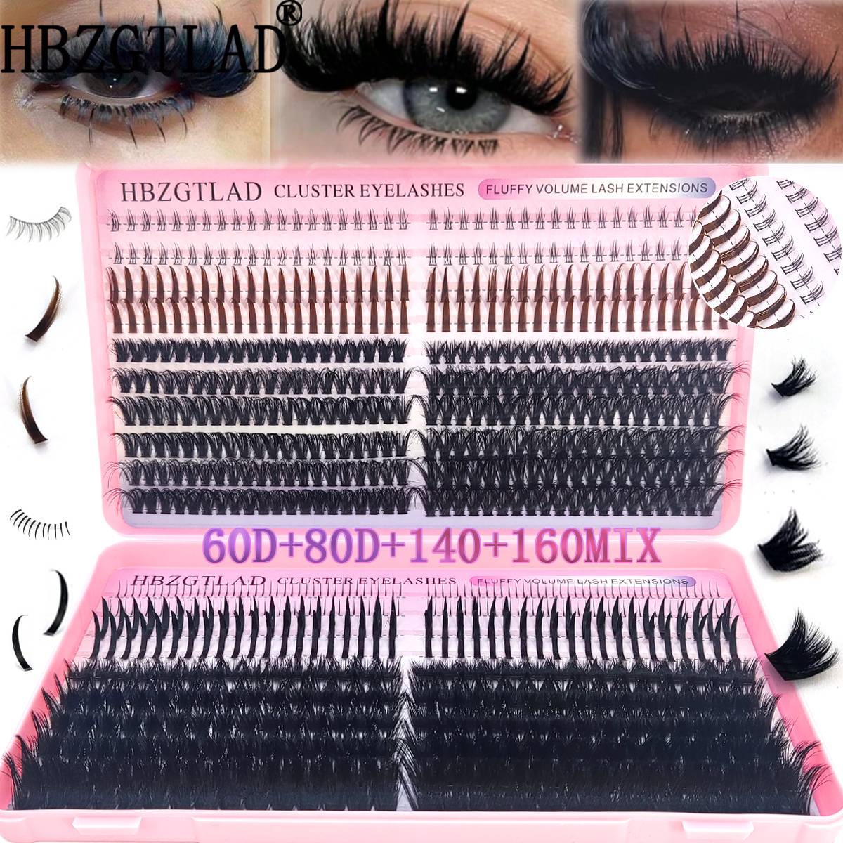 HBZGTLAD 60D/80D/100D/140D/160D Eyelash Clusters with Bottom and Pointed Eyelashes DIY Fairy Manga Pointed Thick Artificial Mink