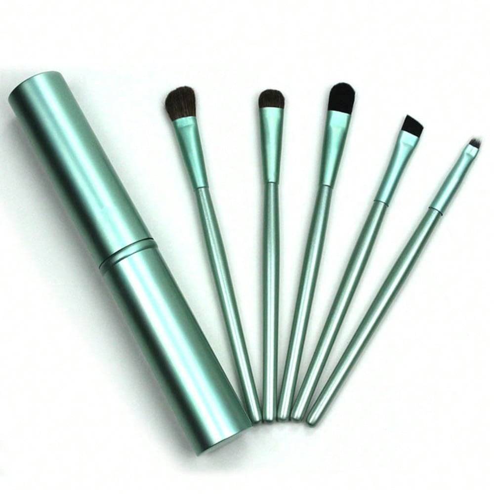 Mini Travel Makeup Brush Set - 5pcs With Soft Nylon Bristles & Portable Magic Wand Handle - Compact Eyeshadow, Foundation grön
