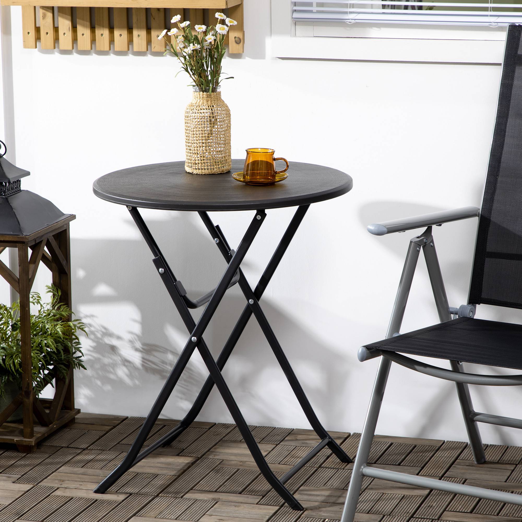 Rundt klapbord Ø60 cm havespisebord med dekorativt trælook til balkonterrasse mørkegrå.