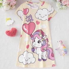 Flicka Småbarn Söt Enhörning & Moln Kärleksmönster Modern, Mysig Rund Hals Kortärmad Lång Nattlinne Loungewear - Gul (6Y,7Y,4Y,5Y)