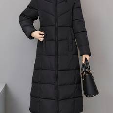 TEMU Women's Elegant Long Puffer Coat - Slim Fit, Over-the-knee, Zip-up, Black Winter Jacket With Ribbed Cuffs And Hem Detail, Functional Pockets, And Adjustable Shoulder Straps