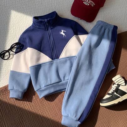 2-delat set för barn/pojkar med mönster och kontrasterande färger, stickad långärmad sweatshirt med krage och byxor för höst och vinter, rött sportset - Multifärgad (6Y,7Y,8Y,4Y,5Y,2-3Y)