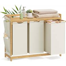 Vasketøjskurv med 3 rum, bambus, hylde og sidelommer – 150 L, 94 x 33 x 78 cm