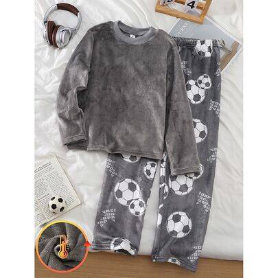 Herrarnas hemmaklädesset, sportig casual stil, mörkgrå långärmad topp och byxor med fotbollstryck, flanellfleece, lös passform, 2-delat set, varmt för (14Y,13Y,16Y,15Y)