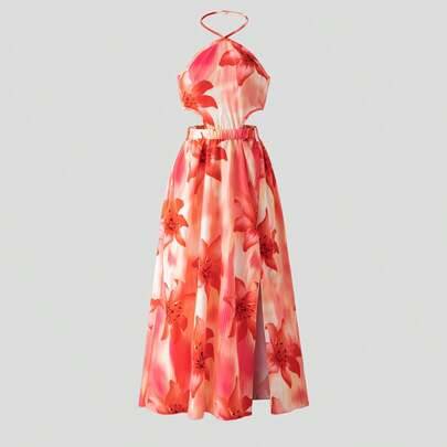Sommaroutfit för tween-flickor, blomprintad halterklänning med slits, miniklänning, elegant tropisk strandsemester, orange och vit (8Y,9Y,10Y,11Y,12Y)