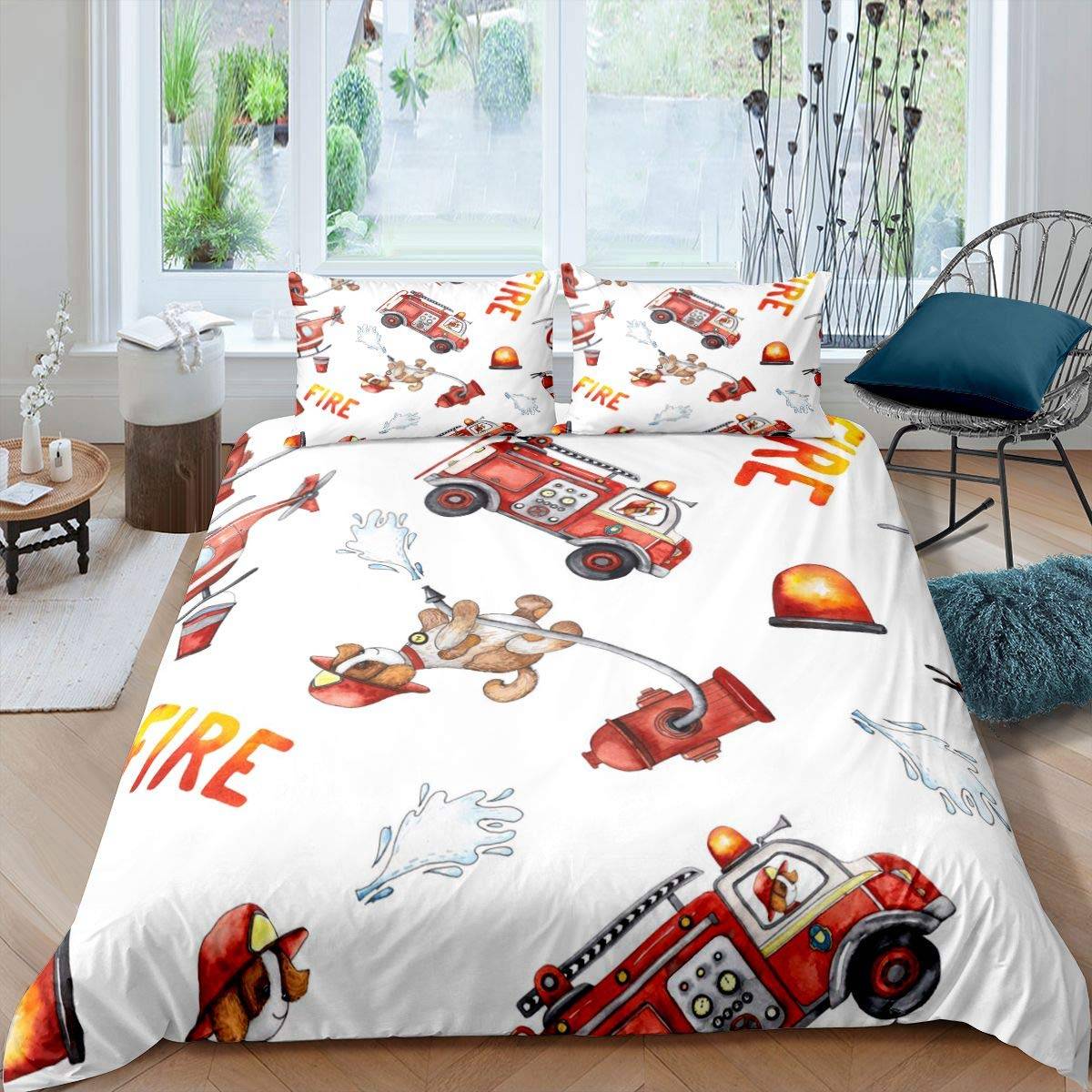 Brandbil Påslakanset Barn Brandmän Bil Fordon Sängkläder Set För Pojkar Brandbil Mönster King Size Täcke Överdrag US Full(200x230cm)