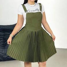 Nytt mode Casual Lös koreansk design med rembygel & veckad miniklänning, semesterklänning med knipad midja för kvinnor - Armé Grön (0XL,1XL,2XL,3XL,4XL)