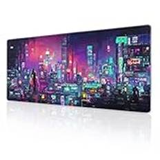 aportt Retro japansk anime spelmusmatta XL cool mörklila röd Vaporwave stad utökad stor skrivbordsmatta stor musmatta halkfri gummibas sydd kant lång för skrivbordsdator, 31,5 × 11,20 cm