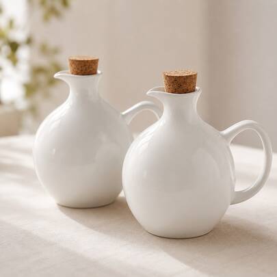 Japanskt minimalistiskt keramiskt set för olja och vinäger, 2-delat set med olje- och vinägerflaskor med bricka i bambuträ, 500 ml flaskor för matolja - Vitt