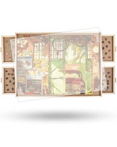 2 000 bitar roterande pusselbräda med låda och lock, 102 x 72,4 cm Bärbart träpusselbord för vuxna, Lazy Susan roterande bord, pusselbräda, julklapp till mamma