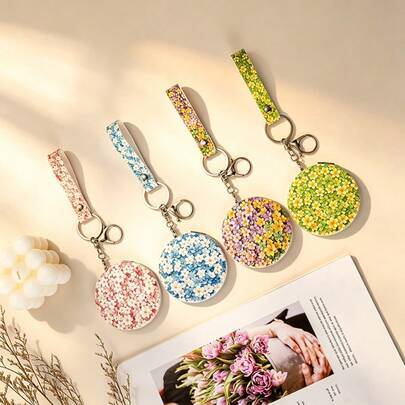 Bärbar mini-fickspegel för kvinnor, dubbelsidig rund fällbar spegel med blommönster, rese-sminkspegel som får plats i handväskan, tärngåva, bröllopsgå - Multifärgad