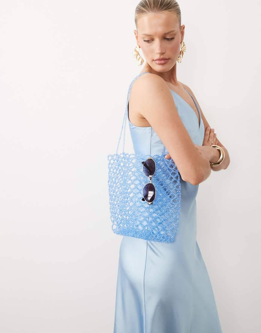 ASOS DESIGN – Ljusblå toteväska med pärlor
