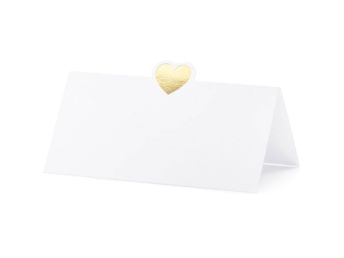Hvidt bordkort med guld hjerte motiv 10x - 10x5 cm