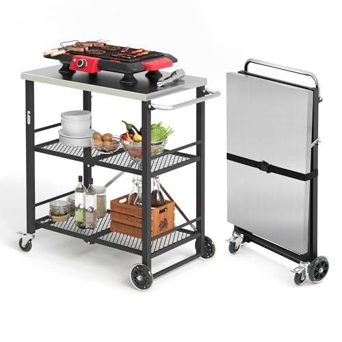 LUE BONA Grillwagen Zusammenklappbar,Grilltisch mit 2 Ablagen,Outdoorküche Beistelltisch auf Rädern,Servierwagen Für Garten Grill Camping,Edelstahl-Tischplatte