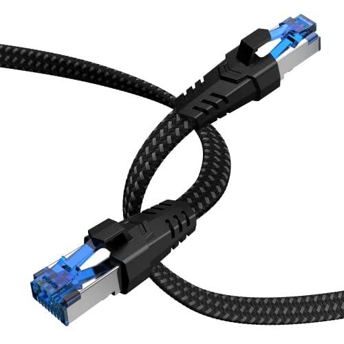 Nixsto Ethernet-kabel, 20 m, Cat. 8, 40 Gbps, lång höghastighetsnätverkskabel, 2 000 MHz RJ45-kabel, platt och lång internetkabel i flätad nylon, bakåtkompatibel med Cat. 7/Cat. 6/Cat. 5