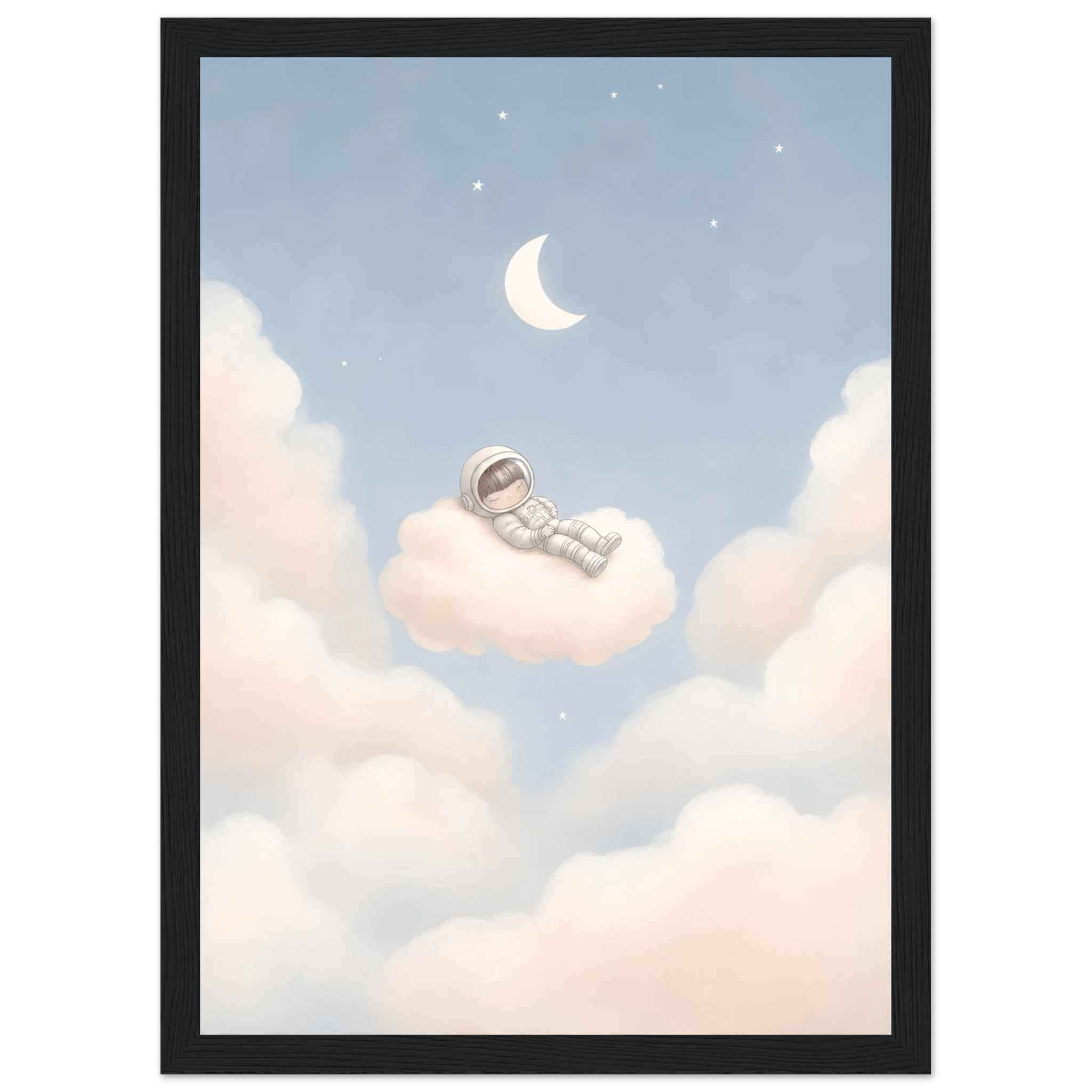 Sovande astronaut på moln poster-21x29.7 cm / 8x12" / Med ram / Svart