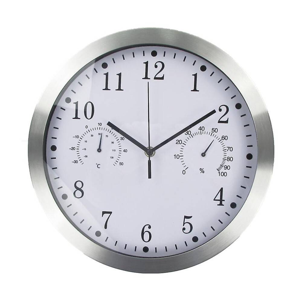 Ikke-tikkende, lydløst vægur, 12 tommer med termometer og hygrometer til indendørs og udendørs brug, kvalitetsglaslinse og design, der er nemt at