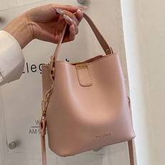 Fashionabla Mini Litchi Grain Mångsidig Enfärgad Elegant Casual Tote Shoulder Bucket Bag - Rosa (En-Storlek)