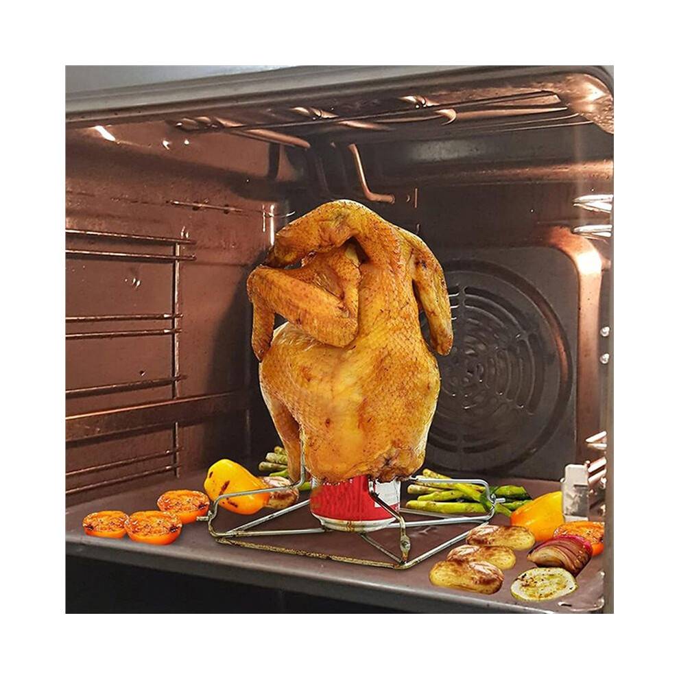 Beer Can Chicken Holder with Handle for Outdoor BBQ Grill Stainless Steel Vertical Chicken Roasting Smoker and Oven