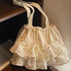 Back To School Large Capacity Ruffle Edge Floral Tote Bag, Casual Crossbody Shoulder Bag For College University High School Students - Beige