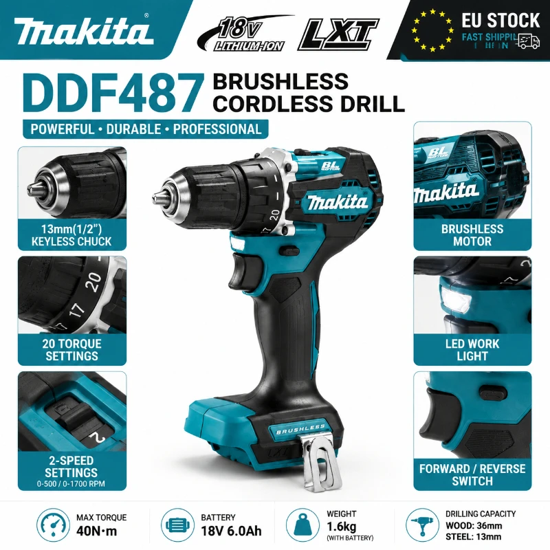 Original Makita 18V LXT Cordless Drill DDF487 Brushless High Torque Drill Driver + 6.0Ah BL1860B BL1840 Battery Kit Original Power Tool Set EU Fast Shipping