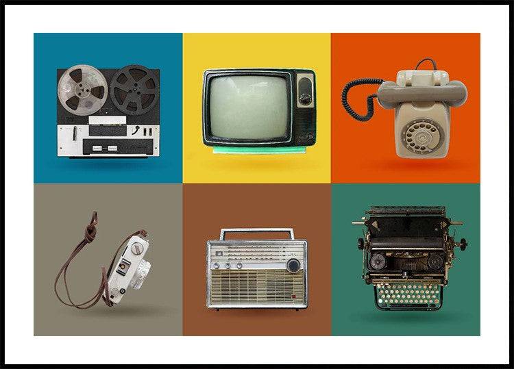 Vintage Colorful Tech Grid, Retro Gadgets Plakat (30x40cm) - Plakater > Vintage Plakater