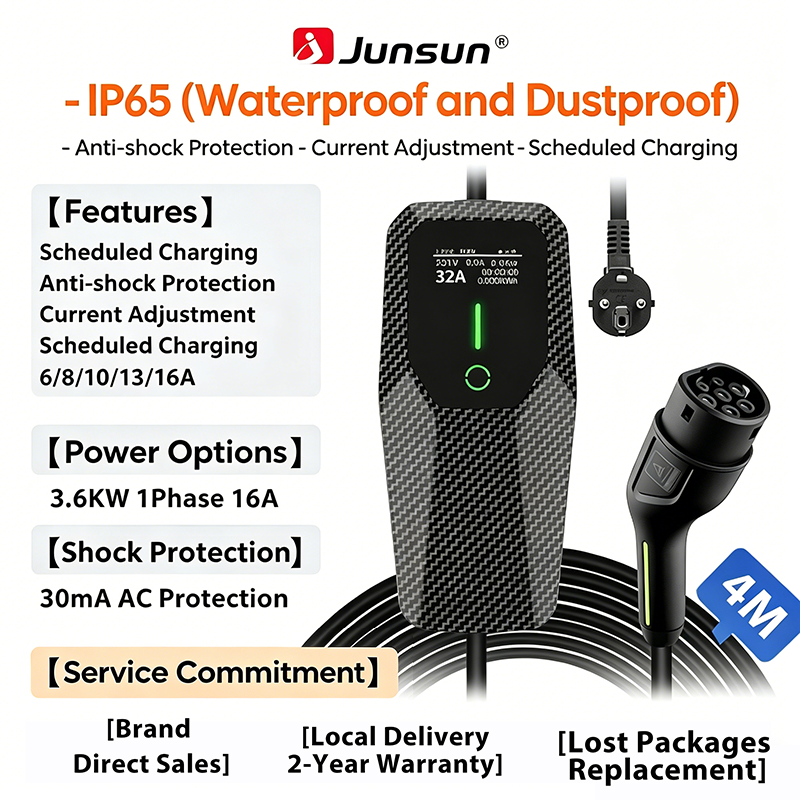 Junsun Type 2 Portable EV Charger 6A 8A 10A 13A 16A 20A 24A 32A Current Adjustable IP65 1 & 3 Phase Waterproof 3 6KW 7KW 11KW 22KW Compatible Scheduled Charging Function Touch Button Control Panel 2