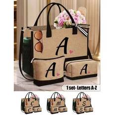 Initial Jute/Color-Matching Canvas Handbag With Cosmetic Bag, Three Pieces Suit, Pink Love With Cute Black Letters A-Z, Cosmetic Bag, Pencil Bag, Coin - Khaki - Multi-size