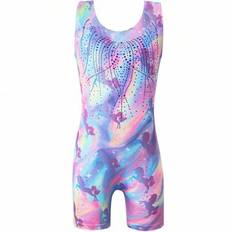 Gymnastikdräkt med enhörningstryck för ung flicka, ärmlös bodysuit med strass - Rödviolett (6Y,7Y,8Y,4Y,5Y,2-3Y)